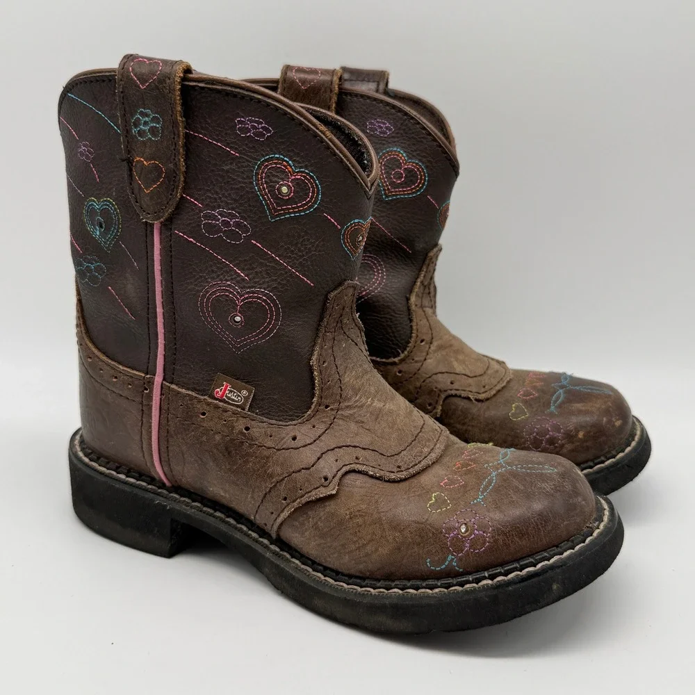 Justin Gypsy Western Light Up Boots Kids 2D Brown Leather Heart Flower Cowboy